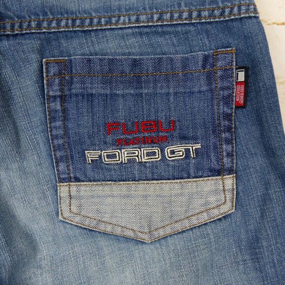 VTG FUBU Collection X Ford Denim Shorts Mens 29X17 Blue Logo Sporty Jorts Y2K - Picture 11 of 12